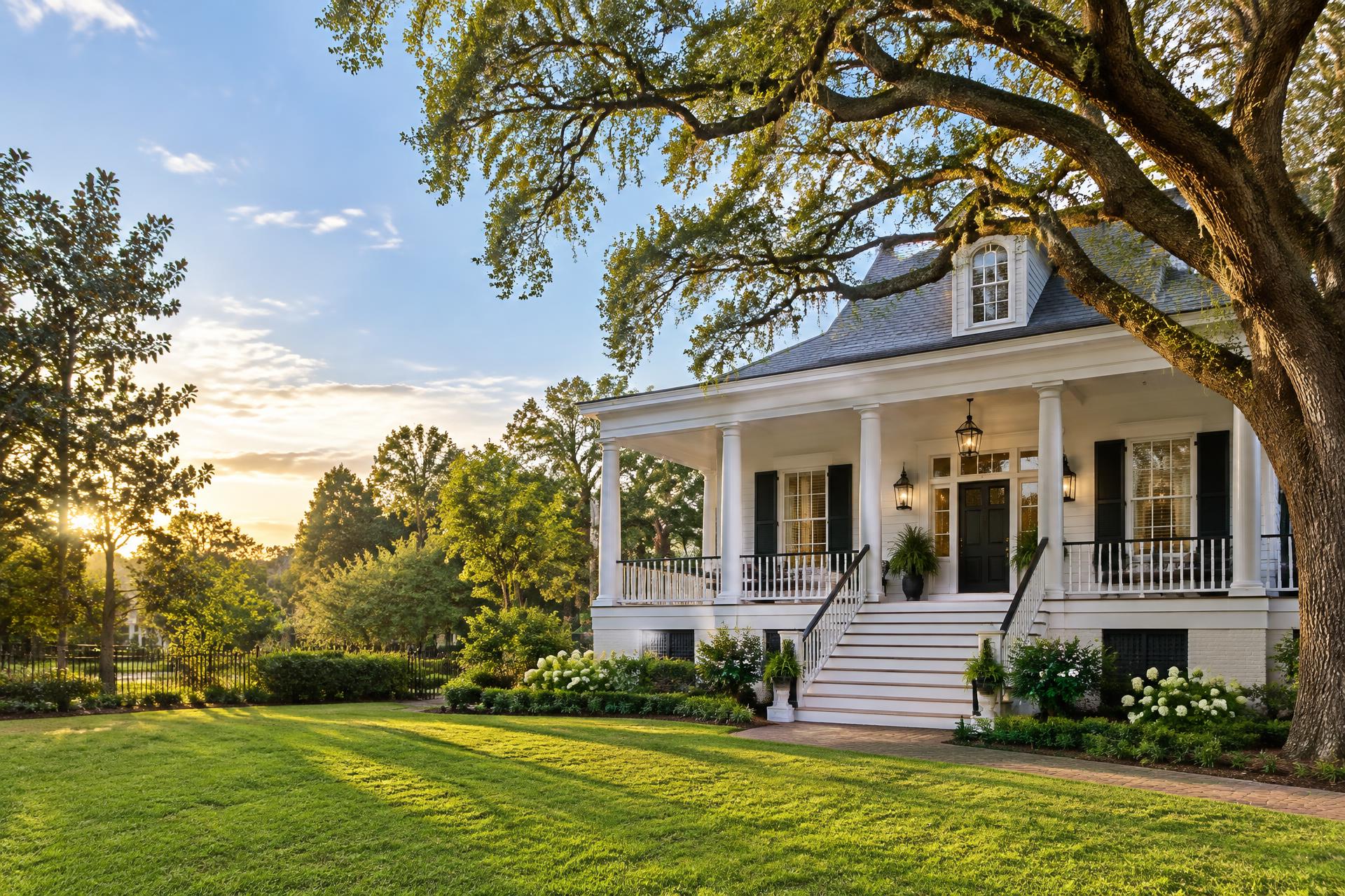 Illustrative Louisiana cottage with a front porch and live oak at sunset